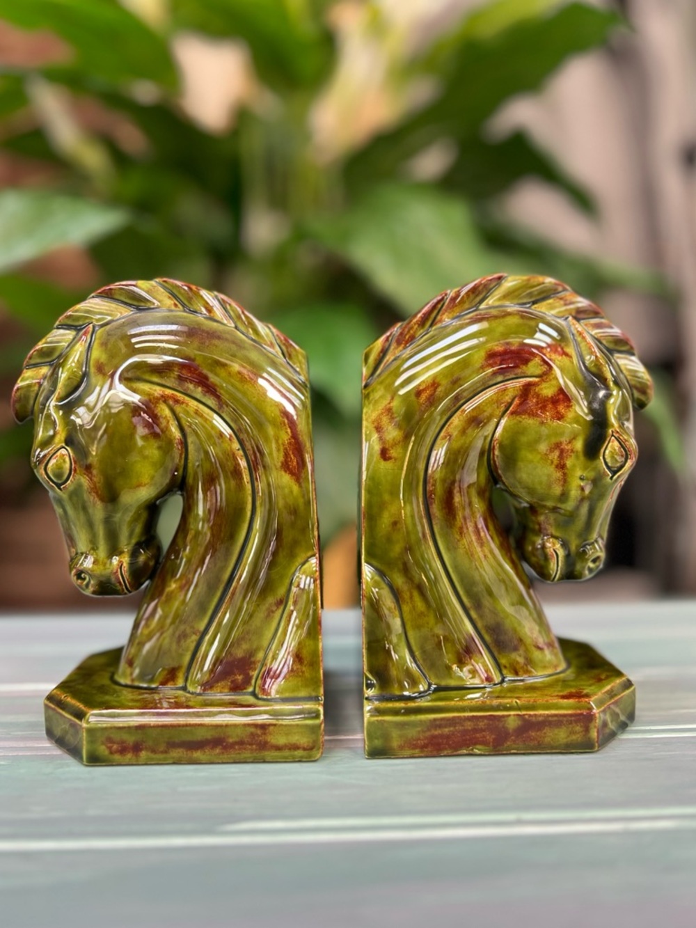 Mid Century Glazed Ceramic Horse Head Bookends in Olive Green